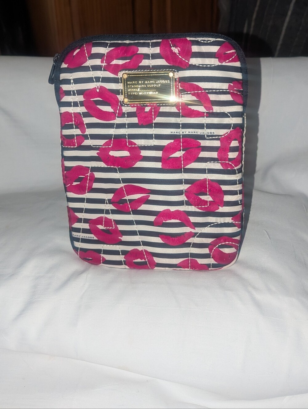 Marc by Marc Jacobs Navy and White Stripe Tech Sleeve with Pink Lip Print